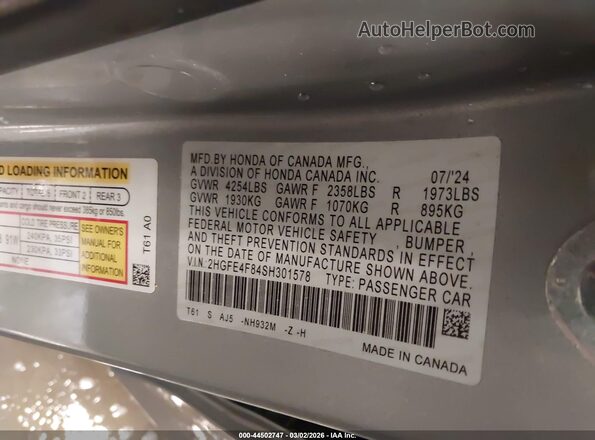 2HGFE4F84SH301578 2025 HONDA CIVIC Silver Widok komory silnika