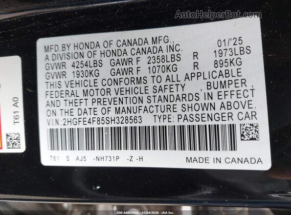 2HGFE4F85SH328563 2025 HONDA CIVIC Black Widok komory silnika