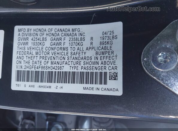 2HGFE4F86SH342987 2025 HONDA CIVIC HYBRID Gray Engine compartment view