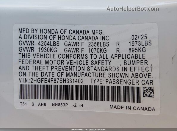 2HGFE4F87SH331402 2025 HONDA CIVIC Белый Вид подкапотного пространства