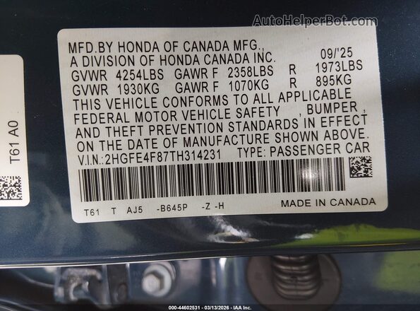 2HGFE4F87TH314231 2026 HONDA CIVIC Blue Շարժիչի բաժամունքի տեսք