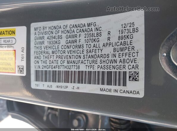2HGFE4F87TH327738 2026 HONDA CIVIC Gray Widok komory silnika
