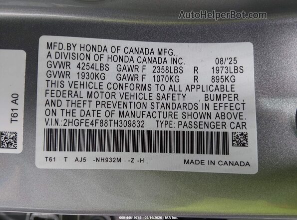 2HGFE4F88TH309832 2026 HONDA CIVIC Silver ძრავის განყოფილების ხედი