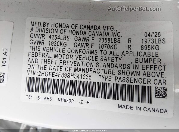 2HGFE4F89SH341235 2025 HONDA CIVIC White Widok komory silnika