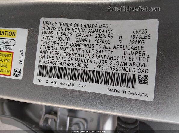 2HGFE4F89SH349206 2025 HONDA CIVIC Серебряный Вид подкапотного пространства