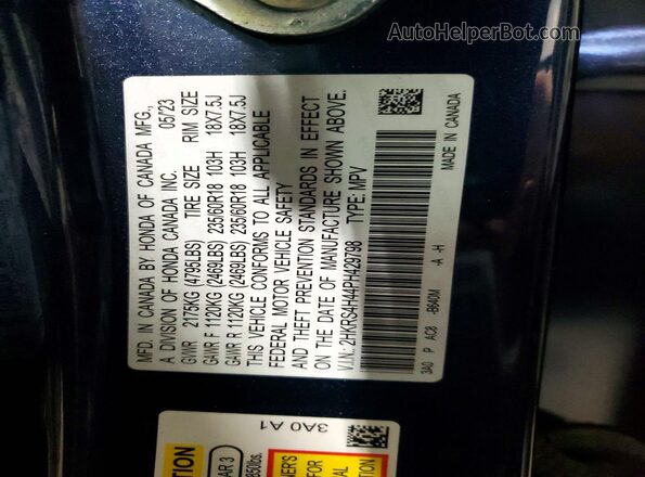 2HKRS4H44PH429798 2023 HONDA CR-V Blue Widok naklejki z numerem VIN