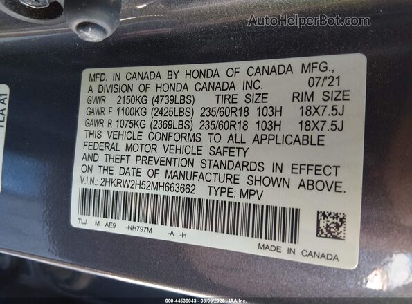 2HKRW2H52MH663662 2021 HONDA CR-V Gray 