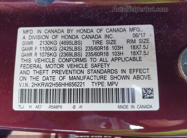 2HKRW2H56HH656221 2017 HONDA CR-V Maroon 