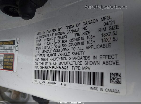 2HKRW2H58MH645425 2021 HONDA CR-V White Շարժիչի բաժամունքի տեսք
