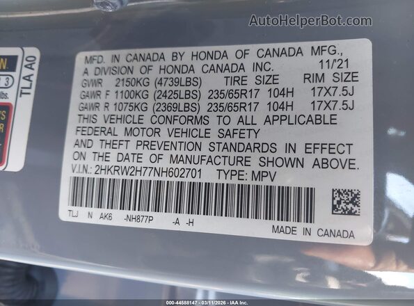 2HKRW2H77NH602701 2022 HONDA CR-V Gray Widok komory silnika