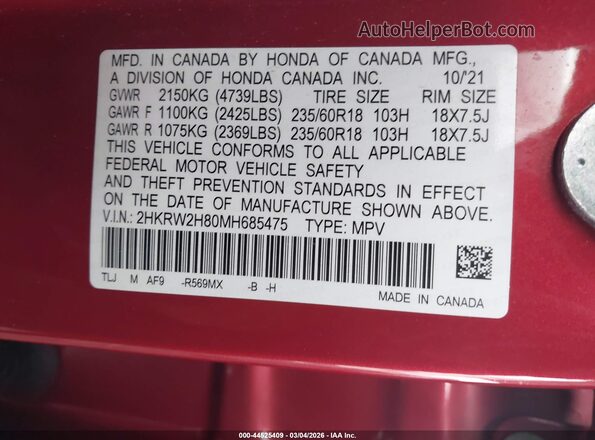 2HKRW2H80MH685475 2021 HONDA CR-V Red ძრავის განყოფილების ხედი