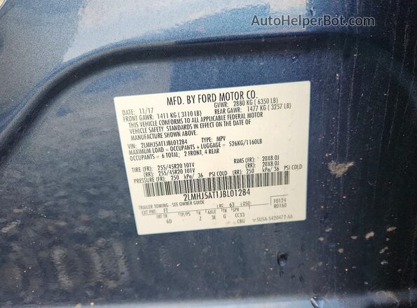 2LMHJ5AT1JBL01284 2018 LINCOLN MKT Blue Widok naklejki z numerem VIN
