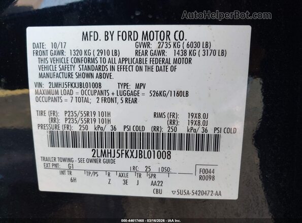 2LMHJ5FKXJBL01008 2018 LINCOLN MKT Black Widok komory silnika