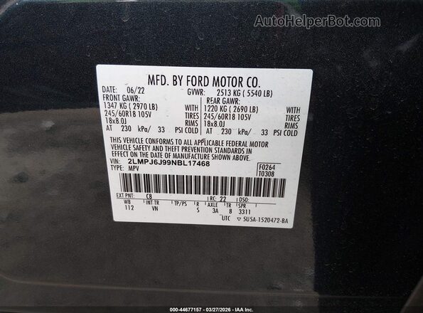 2LMPJ6J99NBL17468 2022 LINCOLN NAUTILUS Blue Շարժիչի բաժամունքի տեսք