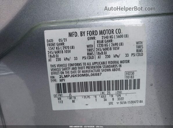2LMPJ6K90MBL06887 2021 LINCOLN NAUTILUS Silver Vista del compartimento del motor