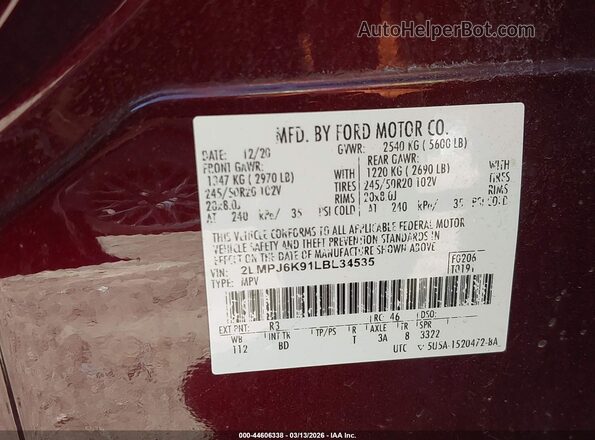 2LMPJ6K91LBL34535 2020 LINCOLN NAUTILUS Burgundy Вид підкапотного простору
