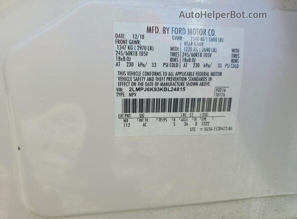 2LMPJ6K93KBL24815 2019 LINCOLN NAUTILUS White 