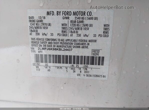 2LMPJ6K98KBL24437 2019 LINCOLN NAUTILUS White Շարժիչի բաժամունքի տեսք