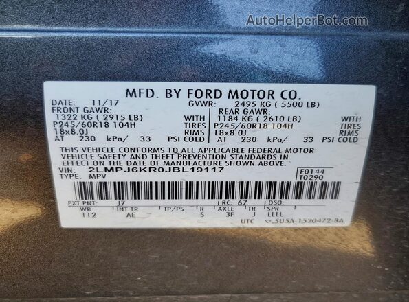 2LMPJ6KR0JBL19117 2018 LINCOLN MKX Black Vista de la etiqueta del VIN