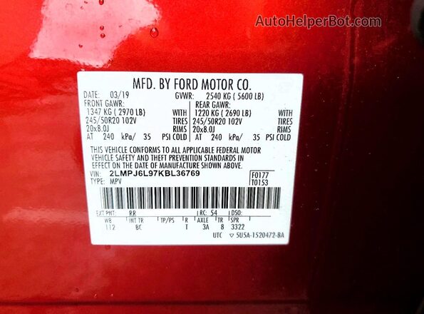 2LMPJ6L97KBL36769 2019 LINCOLN NAUTILUS Red 