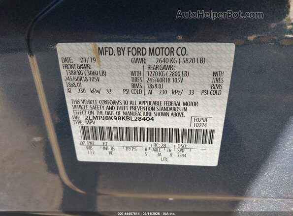 2LMPJ8K98KBL28404 2019 LINCOLN NAUTILUS Blue Вид підкапотного простору