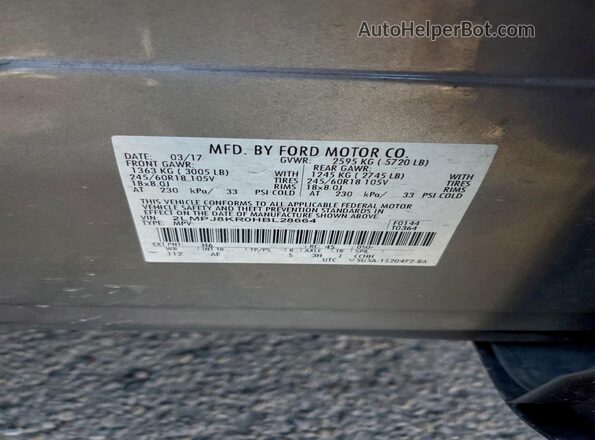 2LMPJ8KR0HBL28664 2017 LINCOLN MKX Gray Widok naklejki z numerem VIN
