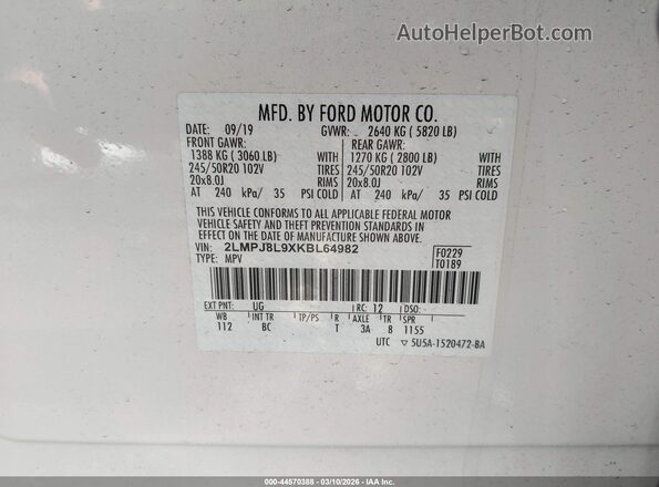 2LMPJ8L9XKBL64982 2019 LINCOLN NAUTILUS White Engine compartment view