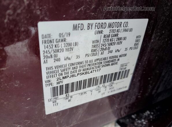 2LMPJ8LP5KBL47117 2019 LINCOLN NAUTILUS Maroon 