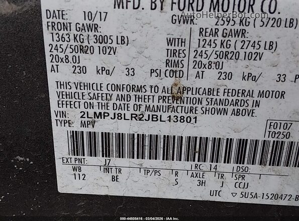 2LMPJ8LR2JBL13801 2018 LINCOLN MKX Gray Engine compartment view