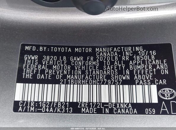 2T1BURHE0HC779757 2017 TOYOTA LL Желто-коричневый Вид подкапотного пространства