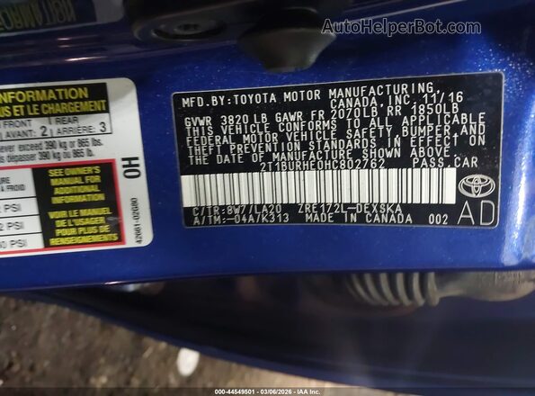2T1BURHE0HC802762 2017 TOYOTA LL Blue 
