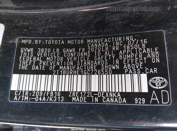 2T1BURHE1GC726550 2016 TOYOTA LL Black ძრავის განყოფილების ხედი