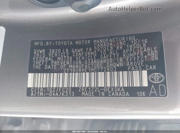 2T1BURHE1HC772803 2017 TOYOTA LL Gray Вид підкапотного простору