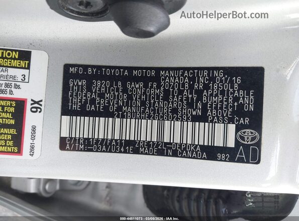 2T1BURHE2GC602593 2016 TOYOTA LL Silver Engine compartment view