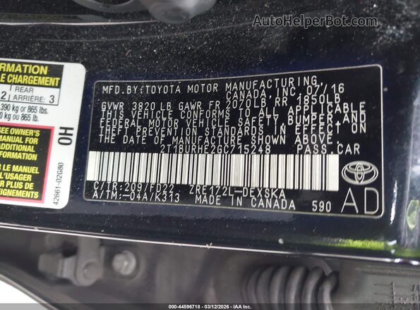 2T1BURHE2GC715248 2016 TOYOTA LL Black Вид підкапотного простору