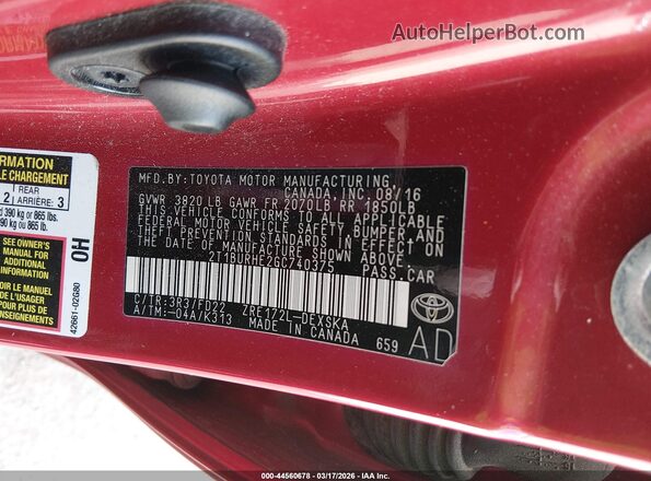2T1BURHE2GC740375 2016 TOYOTA LL Red Вид підкапотного простору