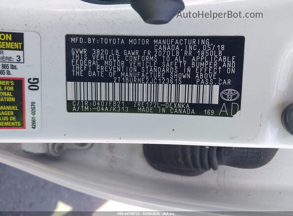 2T1BURHE2JC123615 2018 TOYOTA LL White Вид підкапотного простору