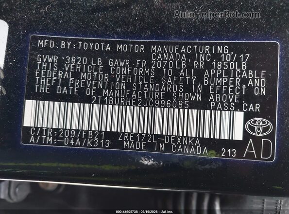 2T1BURHE2JC996085 2018 TOYOTA LL Black Շարժիչի բաժամունքի տեսք