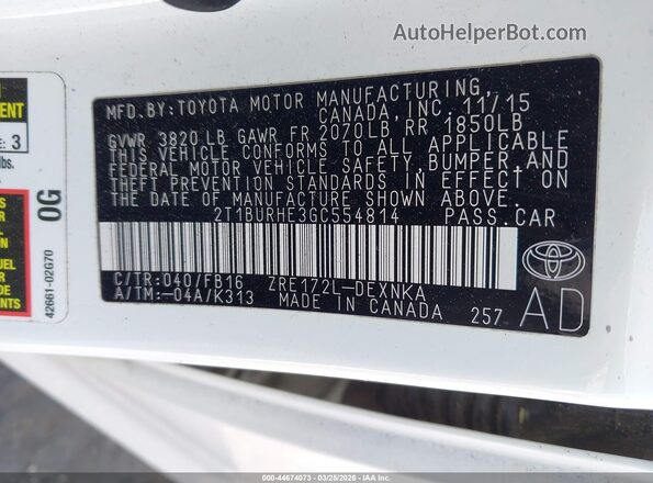 2T1BURHE3GC554814 2016 TOYOTA LL White Вид підкапотного простору