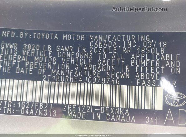 2T1BURHE4JC079746 2018 TOYOTA LL Gray Շարժիչի բաժամունքի տեսք