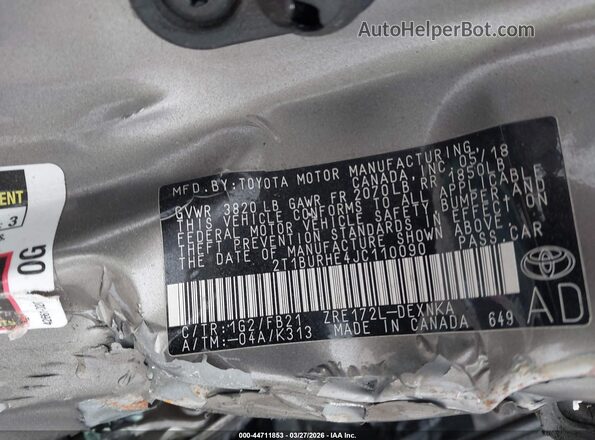 2T1BURHE4JC110090 2018 TOYOTA LL Gray Widok komory silnika