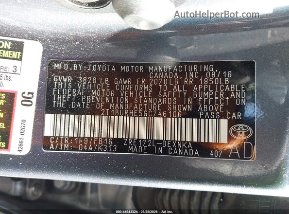 2T1BURHE5GC746106 2016 TOYOTA LL Blue Widok komory silnika