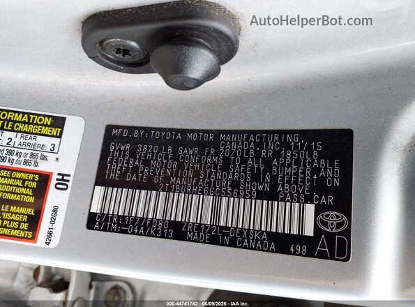 2T1BURHE6GC556959 2016 TOYOTA LL Silver Vista del compartimento del motor