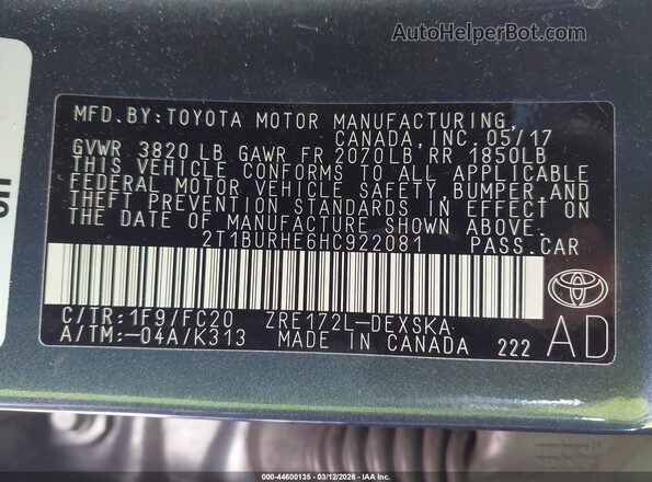 2T1BURHE6HC922081 2017 TOYOTA LL Серый Вид подкапотного пространства