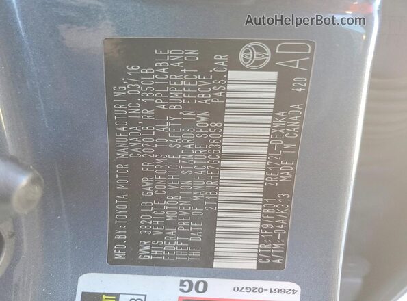 2T1BURHE7GC636058 2016 TOYOTA LL Charcoal Widok komory silnika