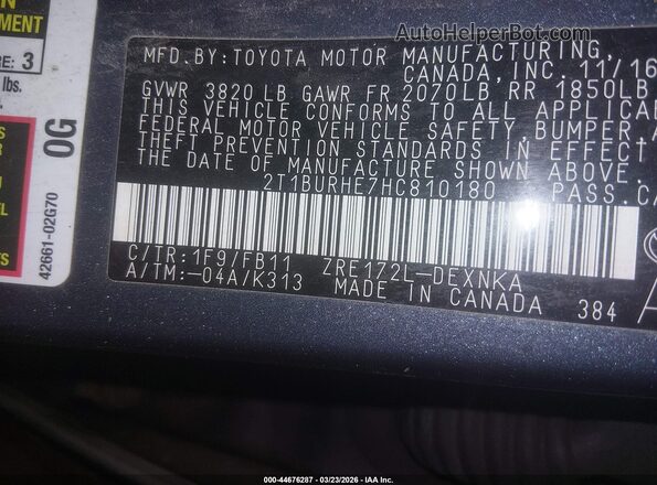 2T1BURHE7HC810180 2017 TOYOTA LL Gray 