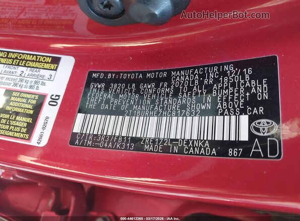 2T1BURHE7HC817632 2017 TOYOTA LL Красный Вид подкапотного пространства