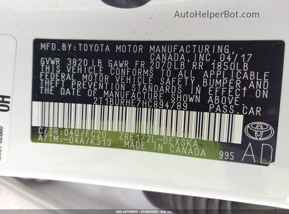 2T1BURHE7HC894789 2017 TOYOTA LL White Вид підкапотного простору