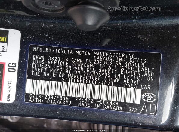 2T1BURHE9GC674021 2016 TOYOTA LL Черный Вид подкапотного пространства