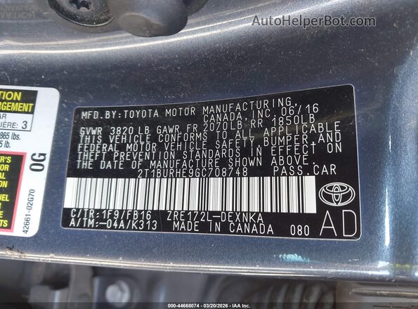 2T1BURHE9GC708748 2016 TOYOTA LL Gray Շարժիչի բաժամունքի տեսք